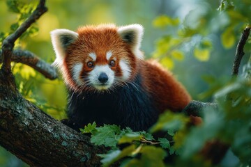 Adorable red animal perched on a tree branch, surrounded by green leaves