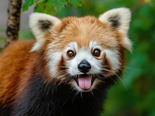 Close-up view of a red panda looking at the viewer with its mouth open, tongue showing