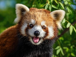 A vibrant portrait of a red panda with a happy expression, framed by lush green foliage