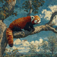 A detailed painting features a red panda perched on a tree branch, with a blue sky background