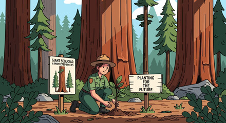 Conservation effort illustrated: Park ranger planting trees for future sequoias