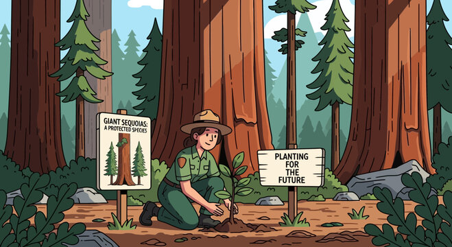 Conservation effort illustrated: Park ranger planting trees for future sequoias - Powered by Adobe