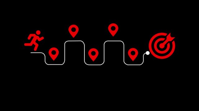 Red runner icon on a winding path with location pins on a black background running person. Journey to the goal , business planning concept. Touching a glowing target icon on a connected path with mile