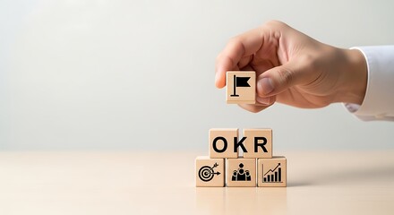 Objective Key Results Strategy OKR Success Planning with Flag Target on Wood Blocks