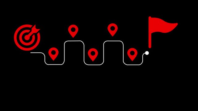 Red target with arrow and runner icon on a winding path with location pins on black bullseye dart. Business and Project Roadmap Concept. Typing on a laptop with roadmap overlay representing steps