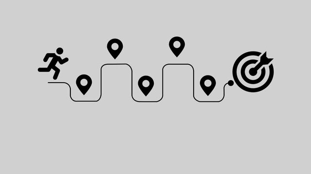 Black runner icon on a winding path with location pins on a gray background running person, Journey to the goal , business planning concept. Touching a glowing target icon on a connected path with mil