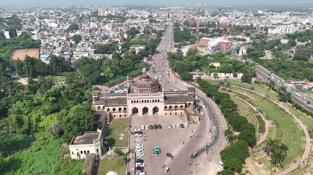 Aerial 4k shot of Rumi Darwaza at Husainabad, Lucknow, Uttar Pradesh, India