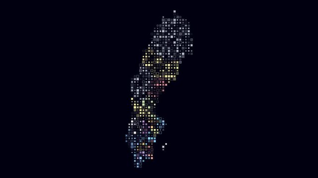 Sweden animation. Shape of the country with pulsating colored dots. Small size square blocks. Digital style map on dark background. Amazing video.