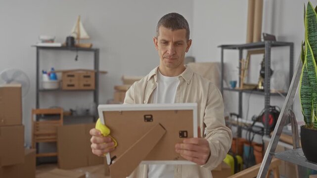 Man unpacking picture frame in new home surrounded by moving boxes in a bright living room showing the start of a fresh chapter in his comfortable life.