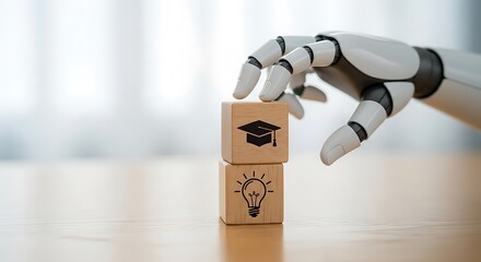 Robotic Hand Stacking Education Blocks on Desk, Indoor Learning Environment, Close-Up Focused View