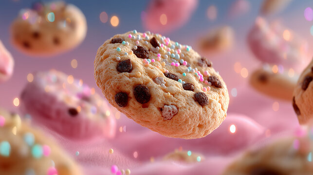 Surreal levitating cookie glowing neon dots fantasy dessert concept magical snack design illuminated treat illustration generated ai