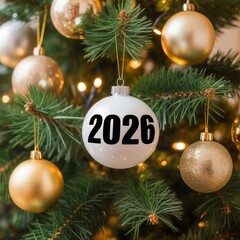2026 christmas ornament on decorated tree with lights