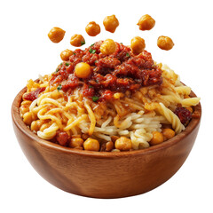 Koshari Egyptian street-style layered dish spaghetti topped with chickpea tomato sauce and herbs in wooden bowl, isolated on white transparent background, concept of healthy meal