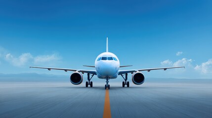 Fototapeta premium Front view of a sleek commercial airplane on a clear day, showcasing the runway, blue sky, and distant mountains, symbolizing travel and aviation innovation.