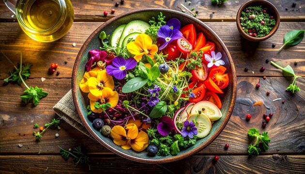 An edible flower salad served in a wooden bowl, set on a charming rustic wooden table. This dish consists of a variety of greens, sliced avocado, red cherry tomatoes, and...g - Powered by Adobe