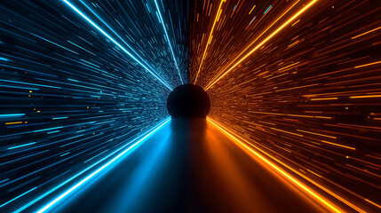 Energetic Light Speed Tunnel with Futuristic Glowing Trails and a Spherical Object at the Center