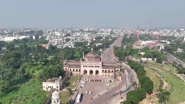 Aerial 4k shot of Rumi Darwaza at Husainabad, Lucknow, Uttar Pradesh, India