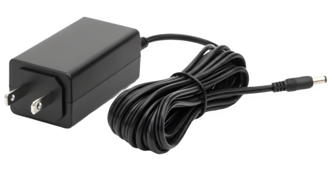 Black switching AC/DC power supply adapter with cord isolated on white background