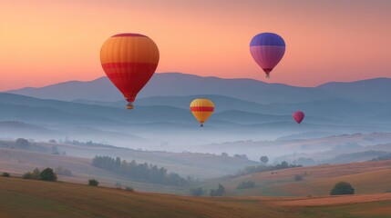 Naklejka premium Hot air balloons drifting gracefully over a serene landscape at sunrise, showcasing vibrant colors against a soft pastel sky and rolling hills in the background.