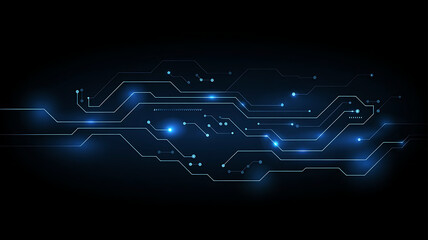 Futuristic Blue Circuit Board Technology Background with Glowing Lights and Data Flowing
