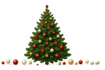 Christmas tree decorating for holiday season with festive red and gold ornaments, red stars, isolated on transparent background