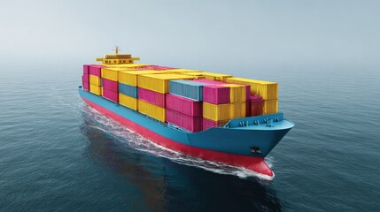 Fototapeta premium Vibrant Container Ship on Tranquil Ocean, Showcasing Colorful Cargo Containers Against Serene Blue Waters Under Clear Skies for Marine and Shipping Themes