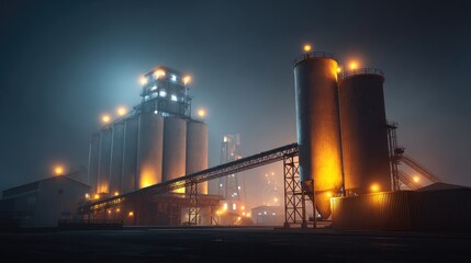 Obraz premium Industrial Complex at Night with Fog and Bright Lights Illuminating Silos and Conveyor Systems in a Mysterious Atmosphere, Showcasing Modern Manufacturing Facilities