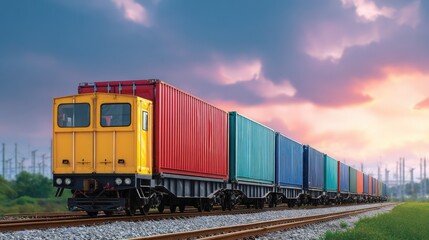 Fototapeta premium Colorful Freight Train Moving Along Rails at Sunset with Dramatic Sky and Power Lines in the Background, Symbolizing Transportation and Cargo Shipping