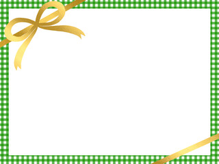 金のリボンが飾られた緑のチェック柄のフレーム背景素材