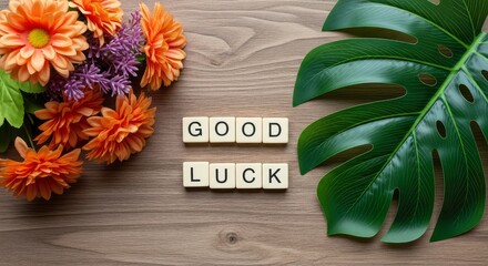 Good luck spelled out with flowers and a monstera leaf on a wooden background flat lay arrangement