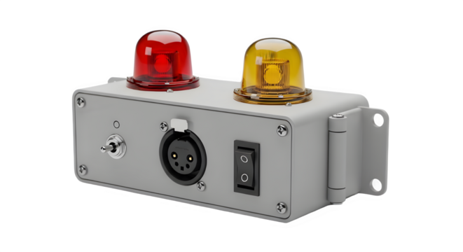 Control box with red and yellow rotating warning beacon lights isolated on white background