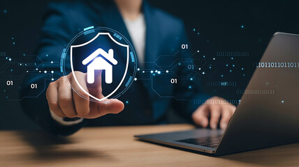 Home Security Insurance Protection Concept with Digital Shield and Modern Technology on Laptop