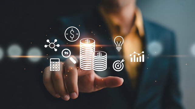 Innovative financial technology solutions for business growth showing stacks of coins and data analysis on digital interface - Powered by Adobe