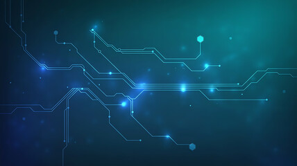 Modern Circuit Board Lines on a Dark Blue Green Gradient Background Creating Abstract Technology