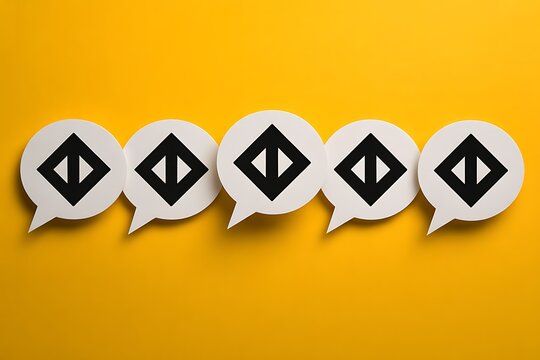 Five white speech bubbles with black diamond arrows pointing inwards and outwards on a yellow background - Powered by Adobe