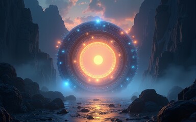 Mystical portal with glowing energy, showcasing science fiction elements and a gateway to another. High quality