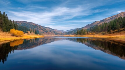 Serene Mountain Lake Reflection with Vibrant Fall Colors and Clear Blue Sky, Capturing Nature's Tranquility in a Picturesque Landscape Scene