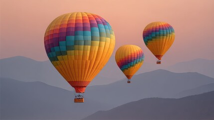 Obraz premium Vibrant Hot Air Balloons Soaring Above Misty Mountains at Sunrise with Soft Pastel Skies Creating a Serene and Picturesque Landscape in the Early Morning Light