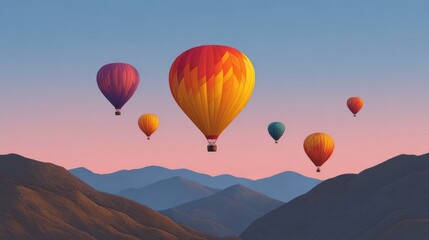 Fototapeta premium Majestic Hot Air Balloons Floating Above Lush Mountain Ranges at Dusk with Gradient Sunset Sky in Pastel Hues of Orange, Pink, and Blue