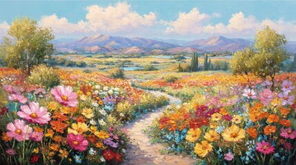 Colorful Flower Field Path With Mountains