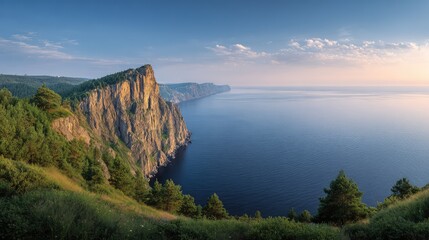 Breathtaking View of Serene Cliffs Overlooking Calm Waters at Sunrise Featuring Lush Greenery and Tranquil Atmosphere in Nature's Splendor