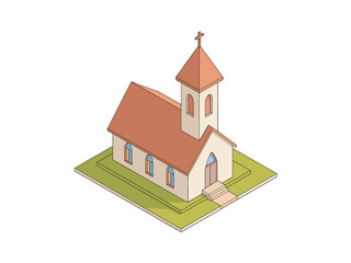 Country chapel illustration, small rural church building, red roof steeple and cross, green lawn base, isometric architecture vector