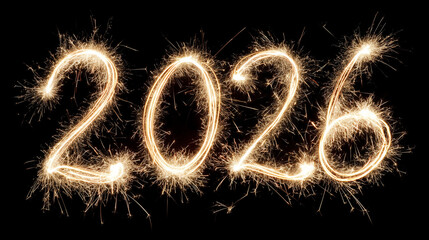 Fiery 2026 number made of shimmering sparkler strokes glowing against clean white.