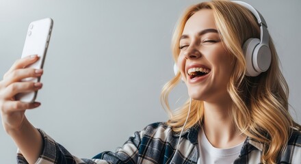 A blonde woman with headphones laughing while holding a phone up to take a selfie in a studio setting