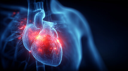Human heart within the chest glowing at points of stress to illustrate cardiovascular disease risk, inflammation and urgent clinical attention.
