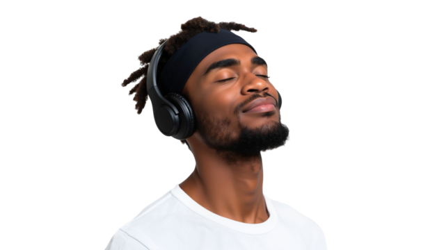 Relaxed Black man with dreadlocks and a headband, wearing headphones, eyes closed, enjoying music or meditation