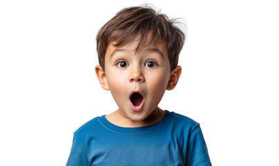 Adorable surprised little boy with wide eyes and an open mouth, expressing shock or amazement, isolated on transparent background
