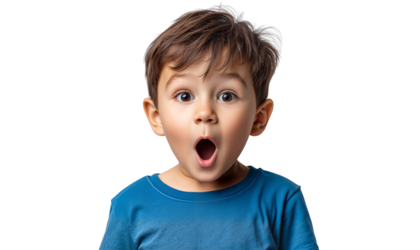 Adorable surprised little boy with wide eyes and an open mouth, expressing shock or amazement, isolated on transparent background
