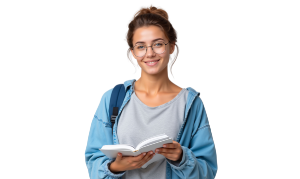 Smiling female student with glasses and backpack, holding an open book, isolated on transparent background