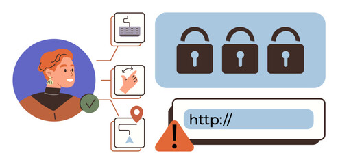 User with verification symbol, connected to icons of keyboard, fingerprint, and location, alongside padlocks, URL, and warning alert. Ideal for cybersecurity, privacy authentication online safety